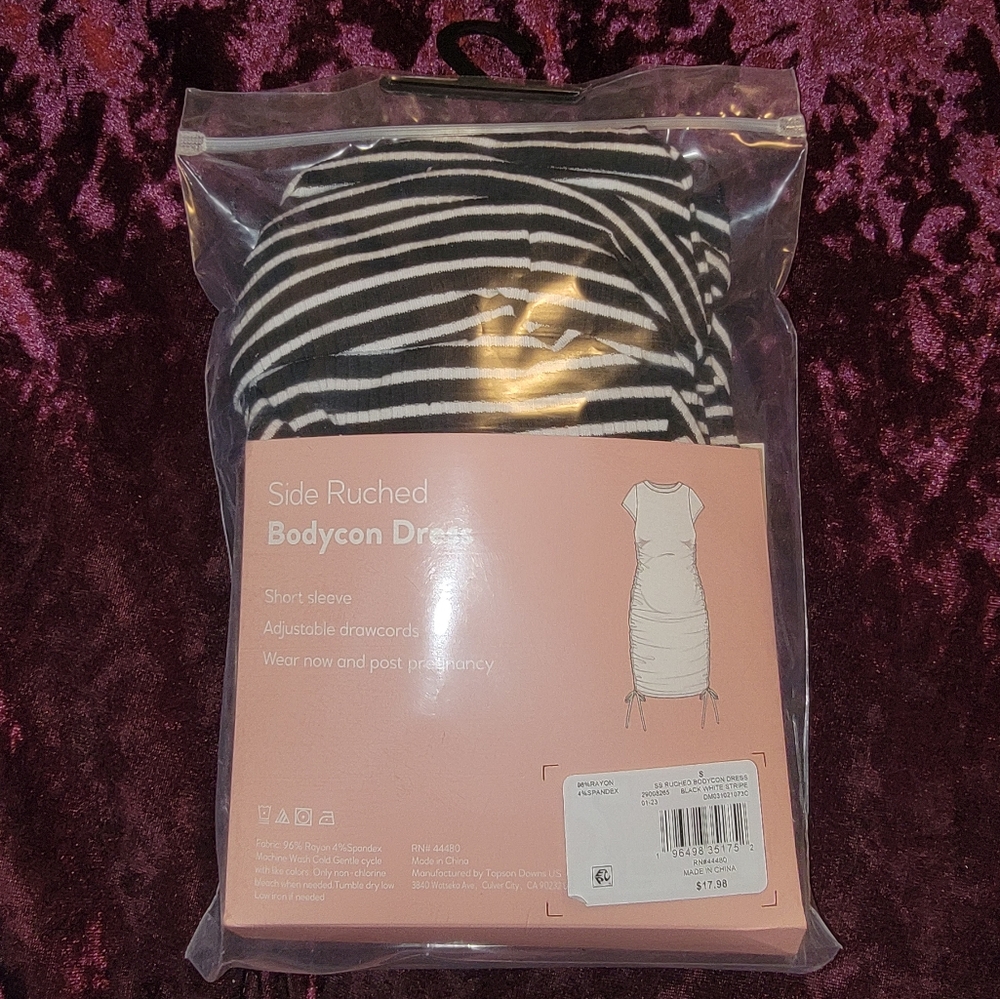 Destination Maternity Short Sleeve Side Ruched Ribbed Bodycon Dress | Stripe - Picture 9 of 11